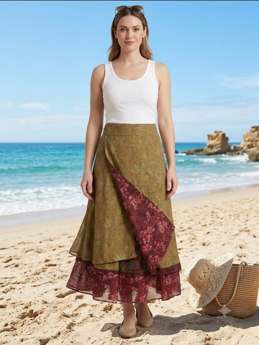Reversible Boho Wrap Skirt in Olive and Burgundy Iris Impression Style One Size - Picture 3 of 8